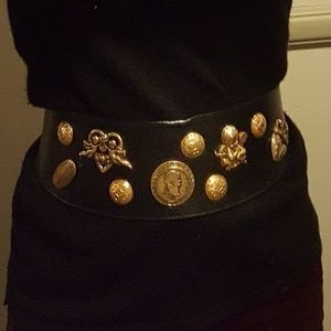 Black suede belt w/ gold ornaments, snap closure